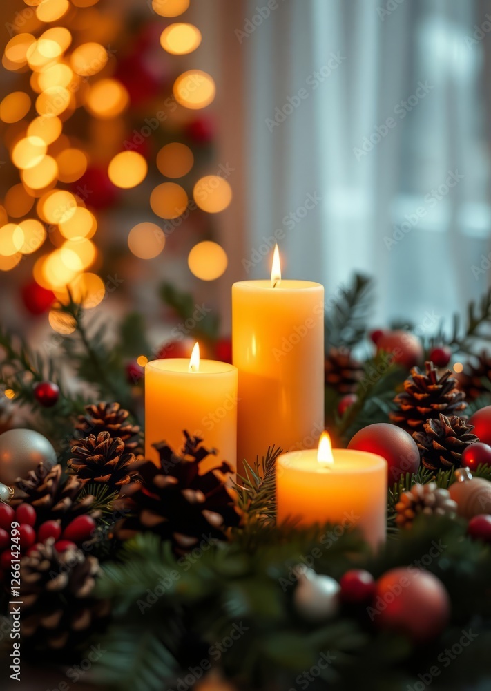 A festive christmas scene featuring glowing candles surrounded by pine cones ornaments and evergreen branches warm bokeh lights add a magical ambiance perfect for holiday celebrations and seasonal bok A festive christmas scene featuring glowing candles surrounded by pine cones ornaments and evergreen branches warm bokeh lights add a magical ambiance perfect for holiday celebrations and seasonal bok