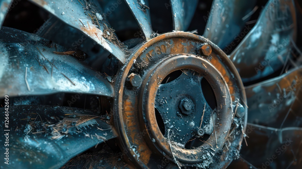 Close-up of a car radiator fan, showing the blades and dirt buildup