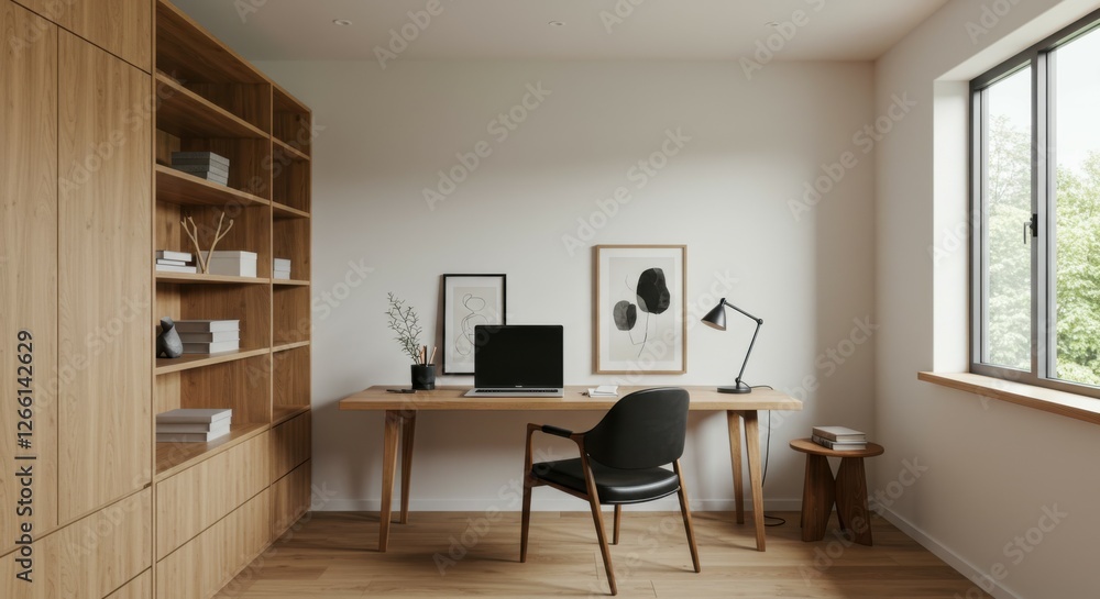 Modern minimalist home office, built-in wooden desk and cabinets, ergonomic black office chair, white walls, large window, natural light, framed artwork, floating shelves, wooden floor, sleek design, Modern minimalist home office, built-in wooden desk and cabinets, ergonomic black office chair, white walls, large window, natural light, framed artwork, floating shelves, wooden floor, sleek design,
