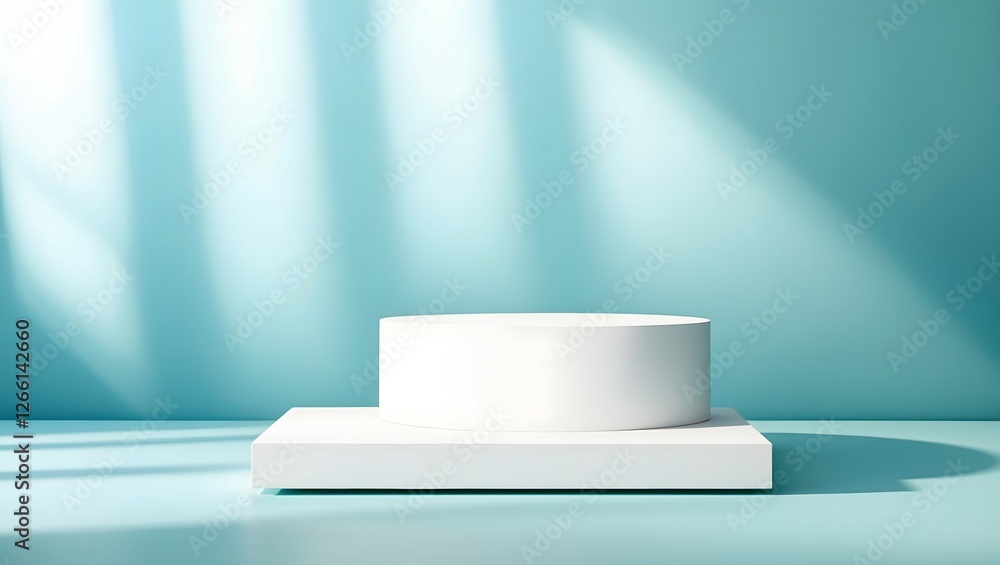 Abstract empty white podium with geometric shadows on blue background. Mock up stand for product presentation. Abstract empty white podium with geometric shadows on blue background. Mock up stand for product presentation.