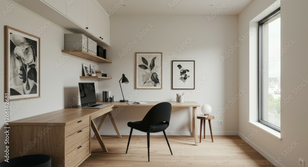 Fototapeta premium Modern minimalist home office, built-in wooden desk and cabinets, ergonomic black office chair, white walls, large window, natural light, framed artwork, floating shelves, wooden floor, sleek design, 