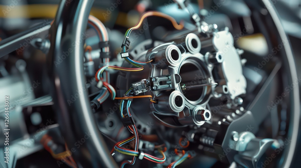 Close-up of a car's steering wheel hub, showing exposed mechanics and wiring. Close-up of a car's steering wheel hub, showing exposed mechanics and wiring.