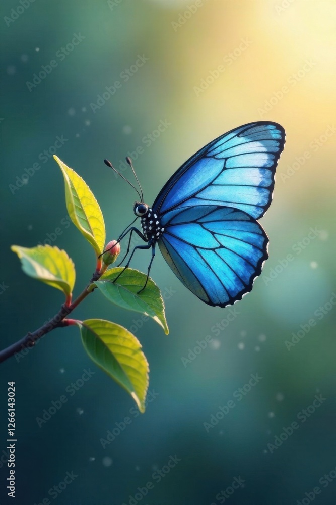 Blue watercolor butterfly rests on a delicate branch with morning dew , blue watercolor butterfly, butterfly, nature Blue watercolor butterfly rests on a delicate branch with morning dew , blue watercolor butterfly, butterfly, nature