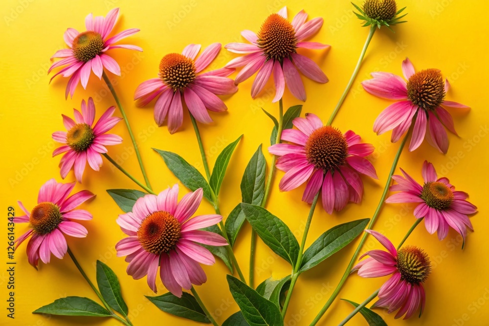 Fototapeta premium Vibrant Pink Echinacea Flowers Flat Lay on Yellow Background - Medicinal Herb Top View