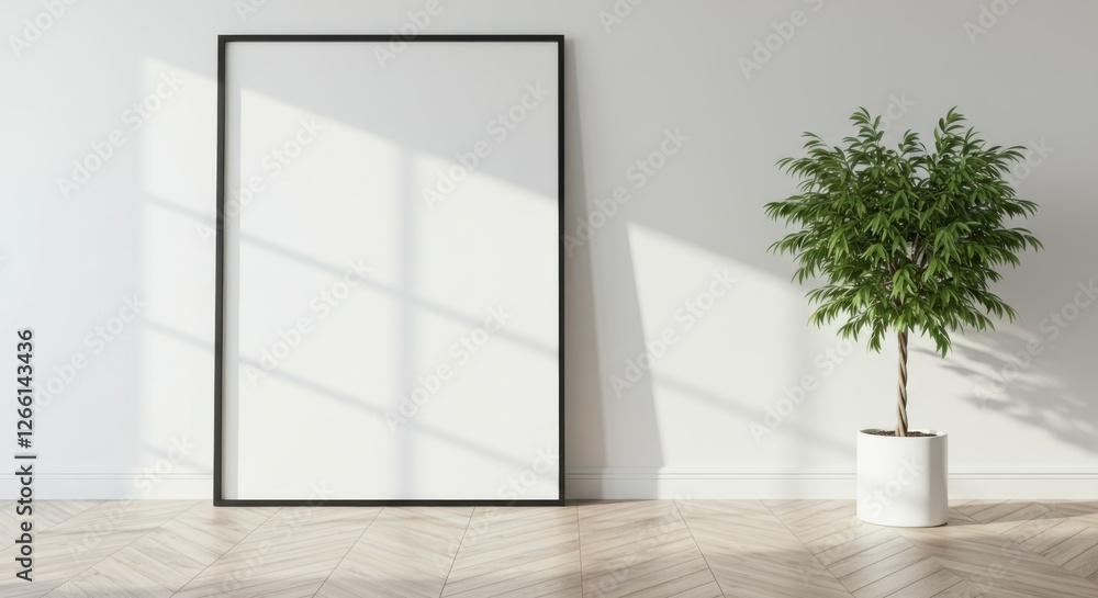 Minimalist interior, two blank black picture frames, white wall, potted plant, sunlight and shadows, clean aesthetic, modern design, simplicity, empty space, zen atmosphere, natural light, architectur Minimalist interior, two blank black picture frames, white wall, potted plant, sunlight and shadows, clean aesthetic, modern design, simplicity, empty space, zen atmosphere, natural light, architectur