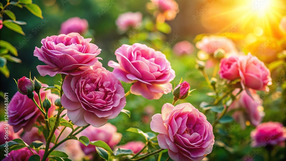 Obraz premium Vibrant Pink Roses Blooming Against Lush Green Foliage - Stunning Nature Stock Photo