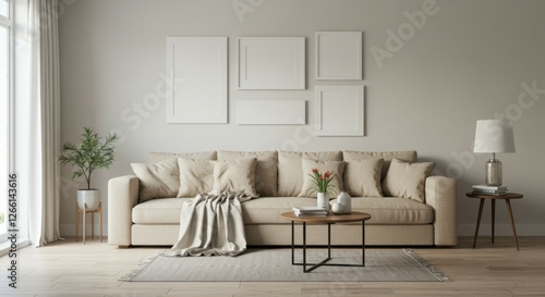 Cozy living room, neutral tones, beige sectional sofa, throw pillows, blanket, wooden coffee table, white brick wall, empty picture frames, potted plant, side table lamp, natural light from window, mi