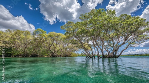 Tropical mangrove forest in crystal-clear shallows under a partly cloudy sky photo