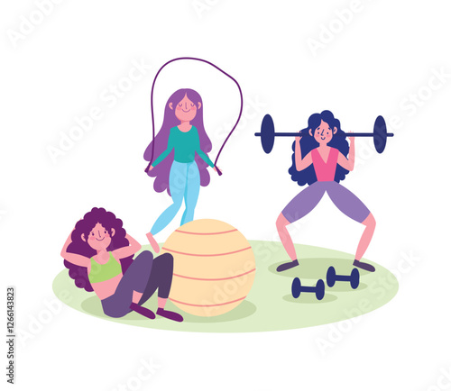 Fitness center skipping and weights activity