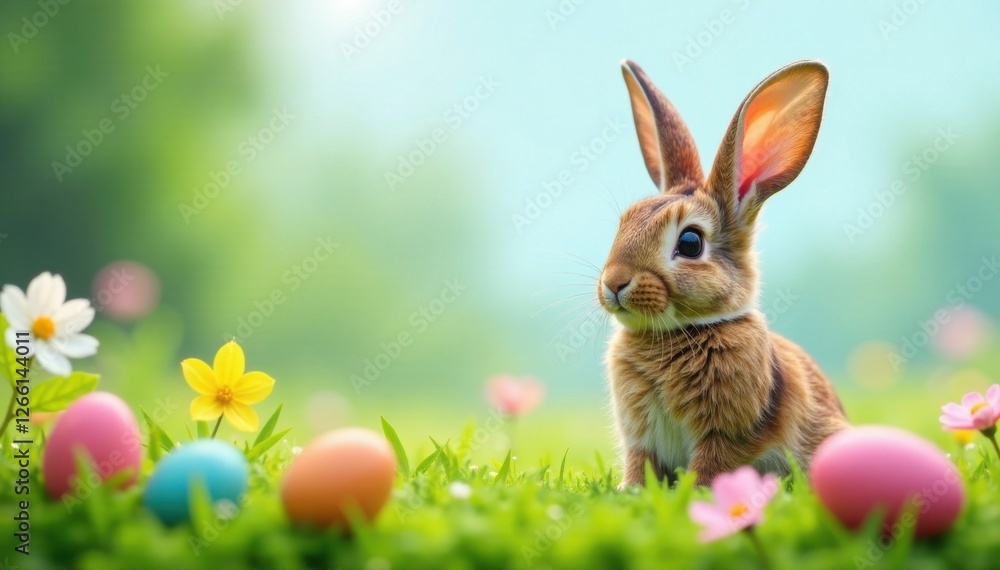 Fototapeta premium Bunny ears on a meadow with colorful flowers and Easter eggs, easter eggs, meadow, spring