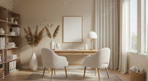 Cozy home office, neutral tones, wooden desk, cream upholstered chair, bookshelves, white lamp, dried pampas grass, sheer curtains, sunlight, minimalist decor, beige walls, hardwood floor, framed artw
