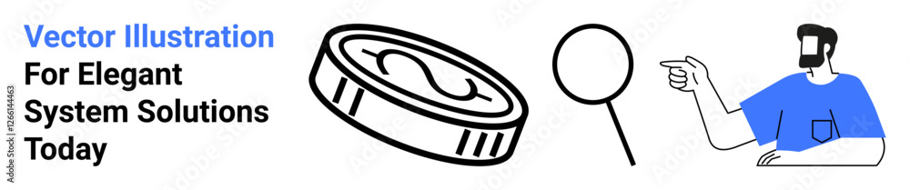 Professional man pointing at magnifying glass and coin representing financial analysis, decision-making, and system optimization. Ideal for banking, business solutions, analytics, investments Professional man pointing at magnifying glass and coin representing financial analysis, decision-making, and system optimization. Ideal for banking, business solutions, analytics, investments