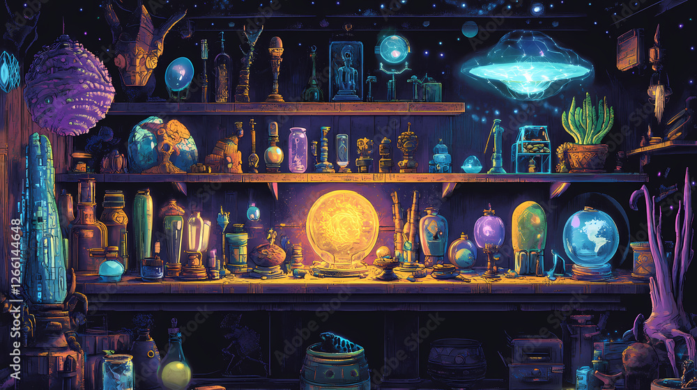 Naklejka premium Intergalactic artifacts alien curiosity bazar shop illustration generative ai. Intergalactic Artifacts. Illustration