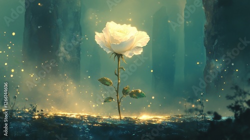 Enchanted Forest: A Single White Rose Glowing with Magical Light