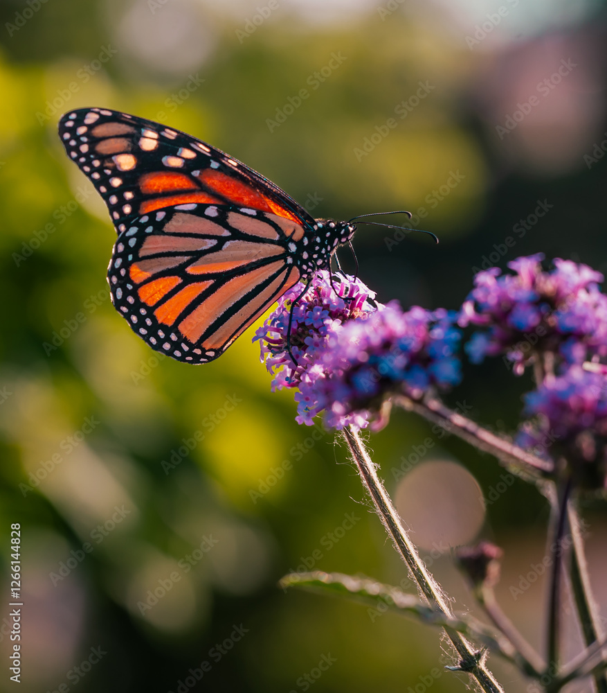 A horizontal macro photo of a perfectly lit beautiful orange and black striped monarch drinking nectar from a purple verbena on a beautiful sunlit summer day.
A horizontal macro photo of a perfectly lit beautiful orange and black striped monarch drinking nectar from a purple verbena on a beautiful sunlit summer day.
