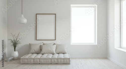 Minimalist living room, white brick walls, large window, natural light, gray modular sofa, pendant light, potted plant, hardwood floor, Scandinavian design, airy space, monochromatic color scheme, cle