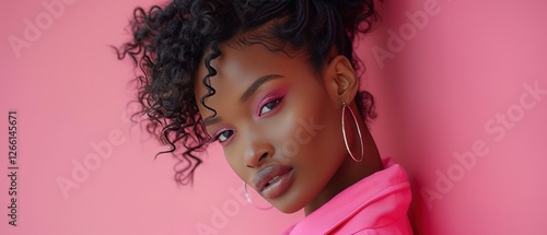 Fashion Portrait Black Woman in Pink stylish jacket. Pink Makeup curly hair and braids. Luxury Fashion model African American posing in studio against a pink wall. Beautiful black woman