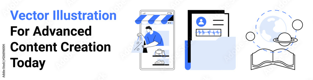Mobile shopping app, folder with documents, and open book with global connection. Ideal for e-commerce, data organization, education, technology, digital transformation, online learning flat landing Mobile shopping app, folder with documents, and open book with global connection. Ideal for e-commerce, data organization, education, technology, digital transformation, online learning flat landing