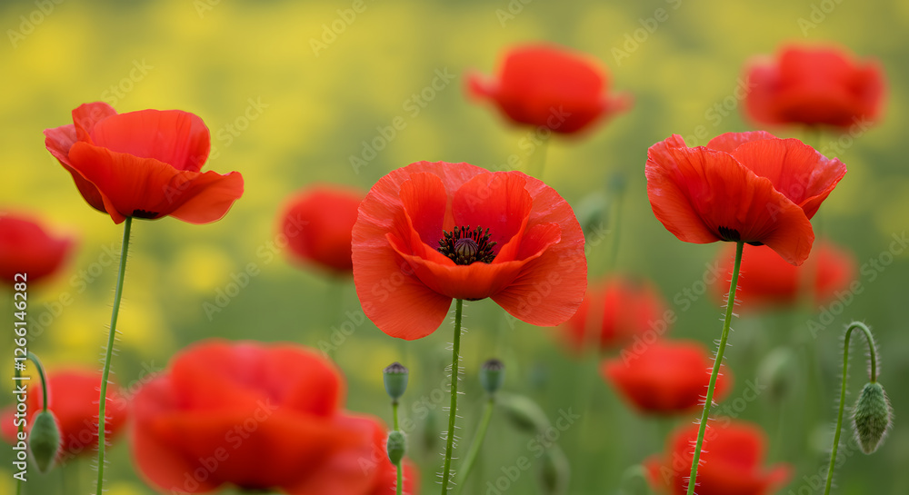 Fototapeta premium Stunning Red Poppies in a Vibrant Yellow Field: A Captivating Nature Scene