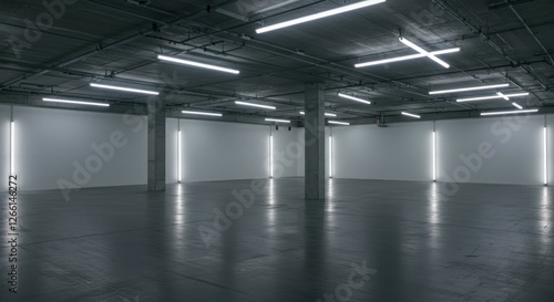 Large empty warehouse, industrial space, concrete floor, geometric fluorescent lighting, minimalist architecture, high ceilings, stark interior, monochromatic gray, futuristic ambiance, clean lines, u