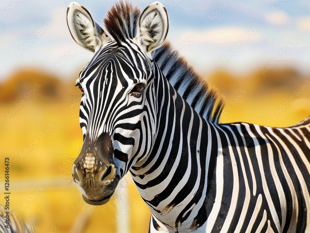 Zebra face close-up shows detailed fur and striking black and white patterns on a golden, blurred savannah background. Zebra face close-up shows detailed fur and striking black and white patterns on a golden, blurred savannah background.