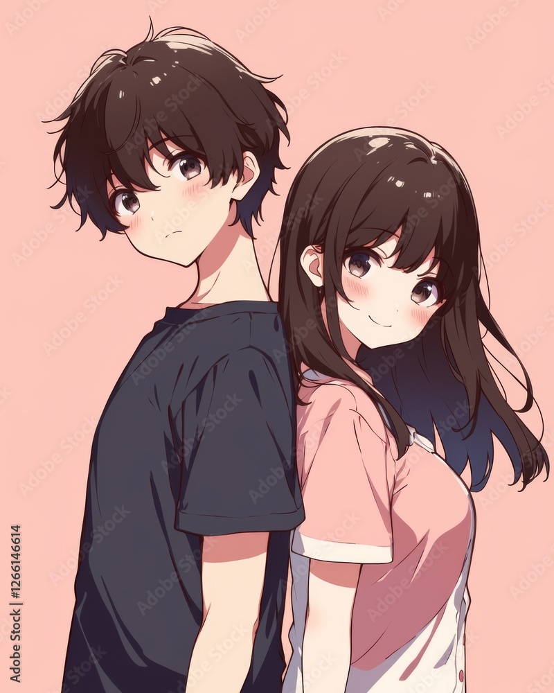 A cute anime couple standing back-to-back A cute anime couple standing back-to-back