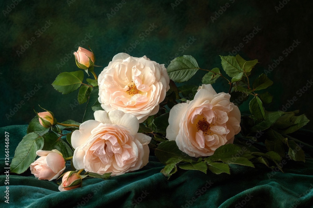 Soft pink roses elegantly arranged on a dark green velvet background with lush green leaves Soft pink roses elegantly arranged on a dark green velvet background with lush green leaves