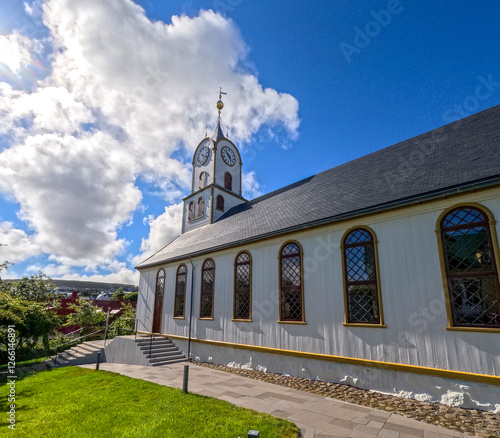 Side view of the Tórshavn Cathedral in the Capital City of the Faroe Islands. Havnar Kirkja is the second oldest church in the Faroes. Since 1990, it is also known as Dómkirkjan - 