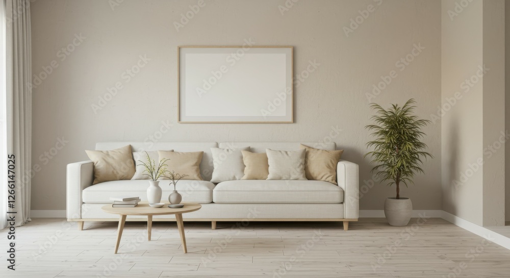 Cozy living room, modern minimalist interior, beige sofa, wooden coffee table, white pendant lamp, textured wall, potted plants, neutral color palette, natural light, Scandinavian design, framed artwo Cozy living room, modern minimalist interior, beige sofa, wooden coffee table, white pendant lamp, textured wall, potted plants, neutral color palette, natural light, Scandinavian design, framed artwo