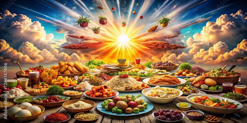 Vibrant Sunset Explosion Over Delicious Food Platter Vibrant Sunset Explosion Over Delicious Food Platter