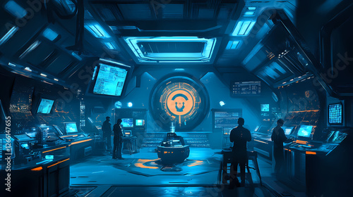 Fototapeta Naklejka Na Ścianę i Meble -  A futuristic intergalactic research department where scientists study alien artifacts in a space station. Intergalactic Artifacts. Illustration