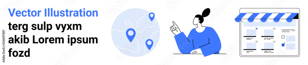 Map with location pins, individual pointing upwards, and an e-commerce storefront. Ideal for navigation, user engagement, online shopping, location-based services, educational content, business Map with location pins, individual pointing upwards, and an e-commerce storefront. Ideal for navigation, user engagement, online shopping, location-based services, educational content, business