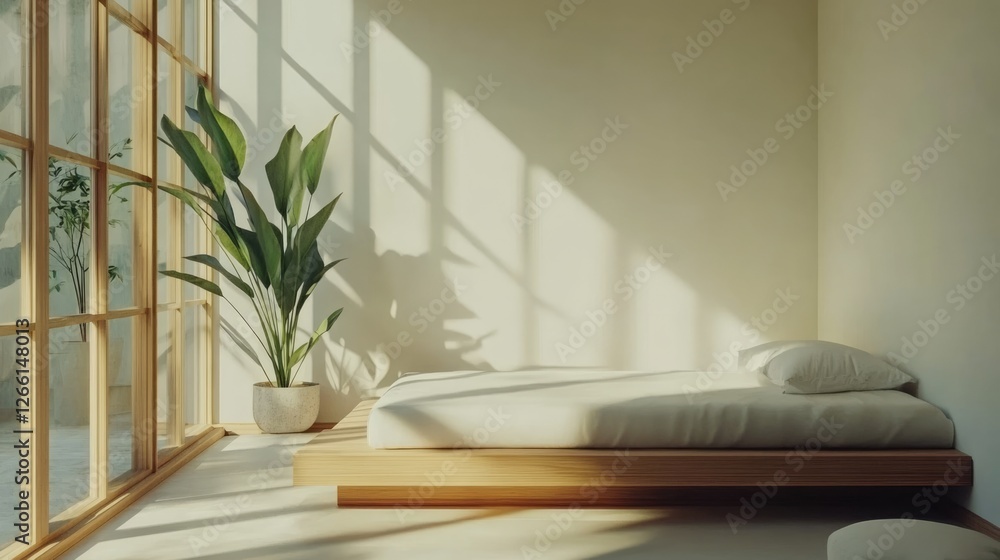 Fototapeta premium Sunlit Minimalist Bedroom with Wooden Platform Bed and Greenery