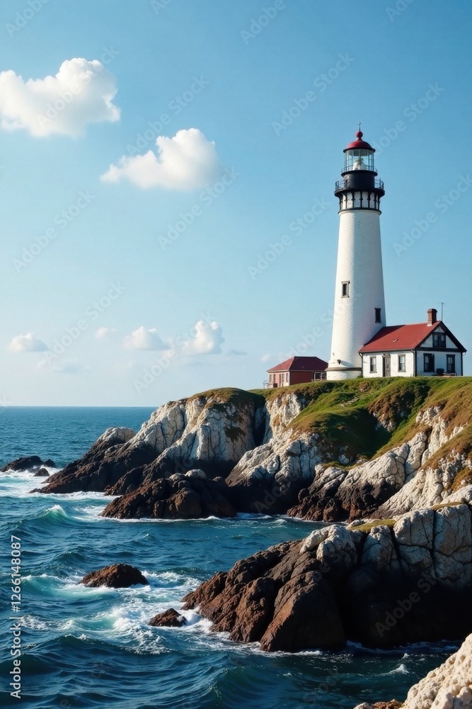 Classic lighthouse standing alone on a rocky coast, coastal scenery, monochrome, driftwood Classic lighthouse standing alone on a rocky coast, coastal scenery, monochrome, driftwood