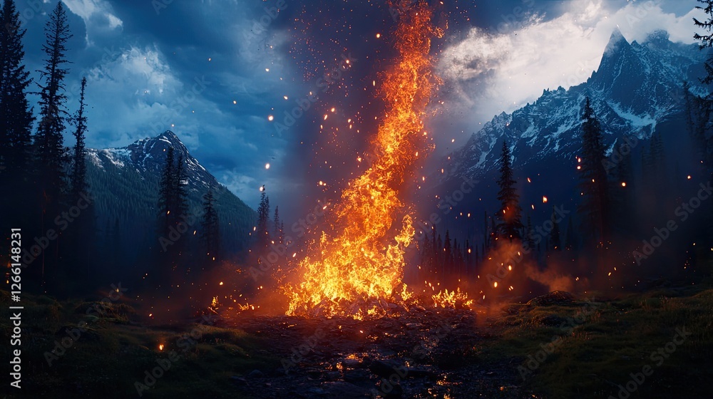 Majestic mountain landscape illuminated by a vibrant campfire blaze Majestic mountain landscape illuminated by a vibrant campfire blaze