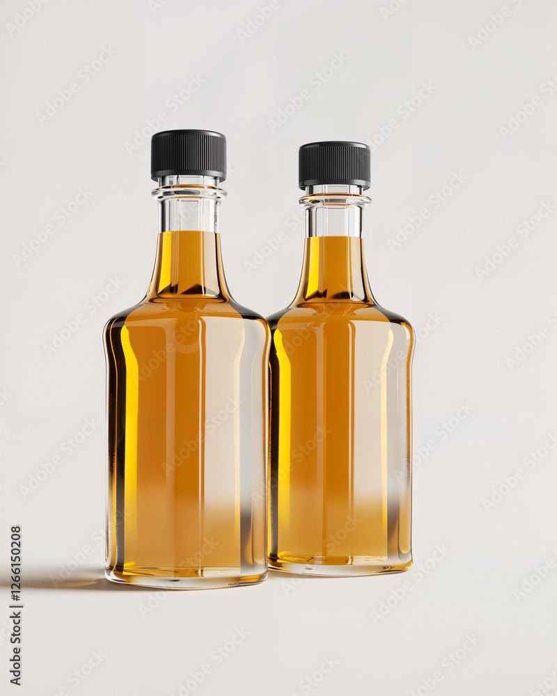 Elegant glass bottles filled with golden liquid on a light background, showcasing modern design and simplicity in home decor Elegant glass bottles filled with golden liquid on a light background, showcasing modern design and simplicity in home decor