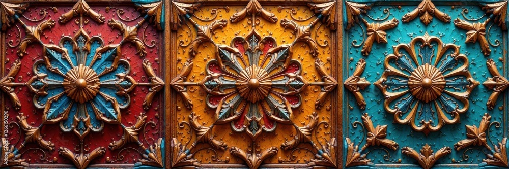 Fototapeta premium Close-up of intricate patterns on wooden decorative panels, art, design, beauty