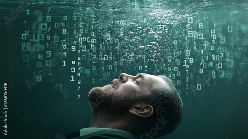 Digital businessman sinking underwater, engulfed by streaming binary code, representing overwhelming information saturation in modern technological landscape