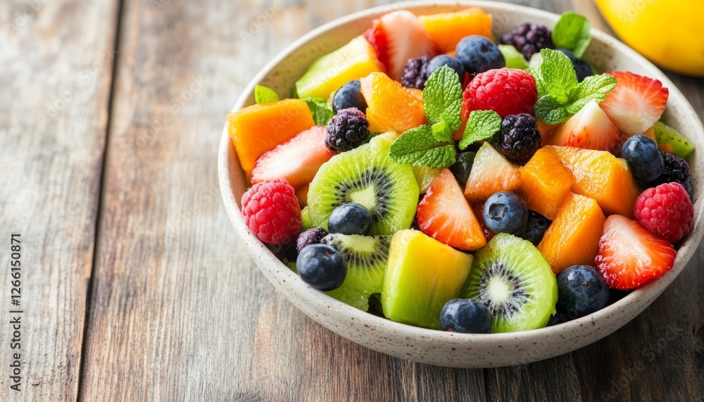 Fresh and colorful fruit salad served in a bowl on a wooden table. Fruit salad close-up conveying health and naturalness. Fresh and colorful fruit salad served in a bowl on a wooden table. Fruit salad close-up conveying health and naturalness.