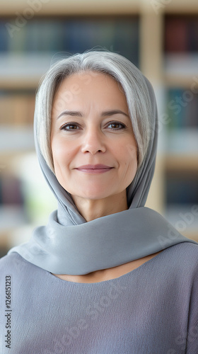 Mature muslim woman confidently smiling  grey hair under hijab  standing in library  embodying wisdom  faith  and intellectual empowerment