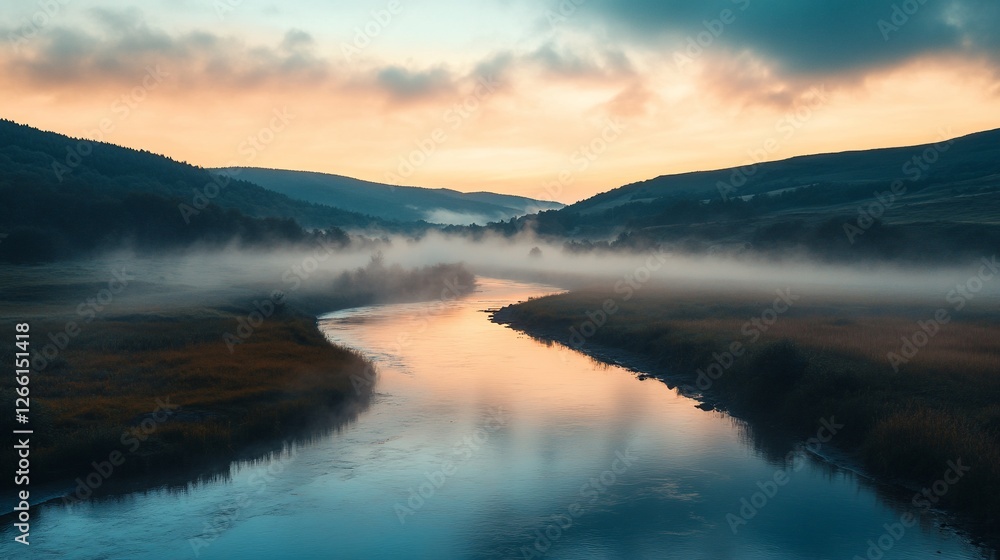 Fototapeta premium Serene Sunrise over Misty River Valley: A Breathtaking Landscape Photography