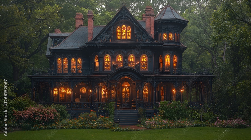 Fototapeta premium Victorian mansion, illuminated at dusk, woods backdrop, Halloween setting