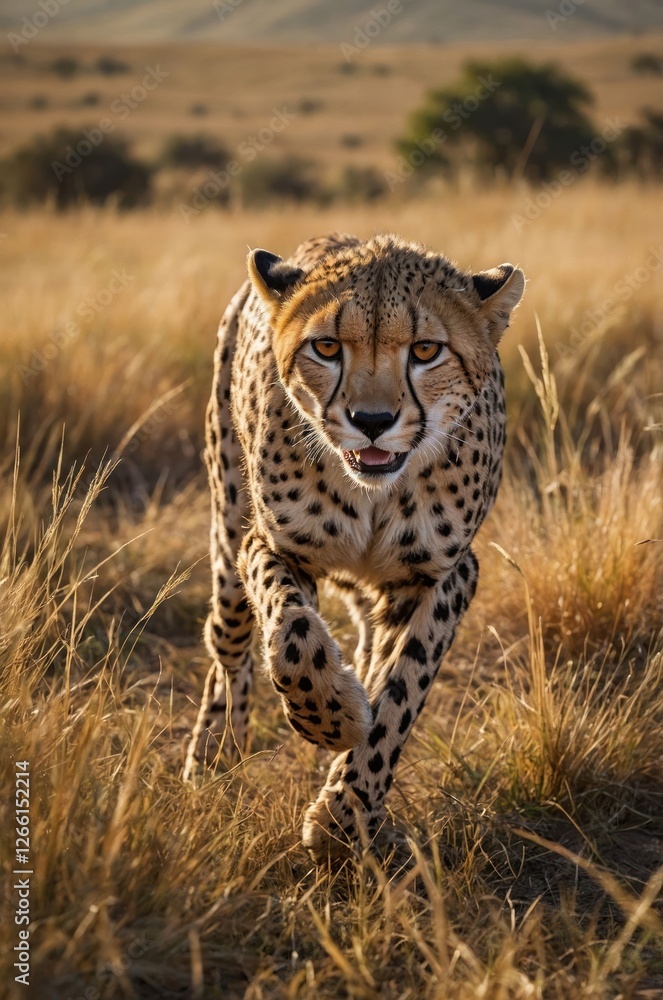 A cheetah running through tall grass in a natural habitat. A cheetah running through tall grass in a natural habitat.