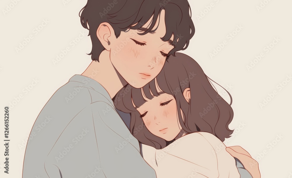 Obraz premium Cute cartoon couple in love, man with black hair and woman with brown hair hugging each other, gentle embrace