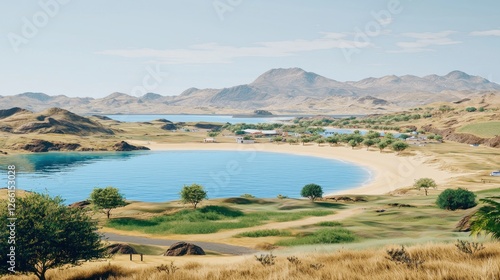 Wallpaper Mural Desert lake vista, idyllic beach, small town nestled in mountains Torontodigital.ca