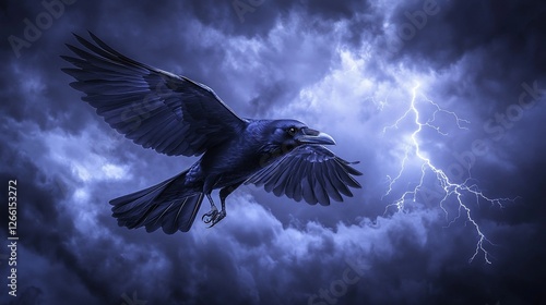 Majestic Raven Soaring Through a Dramatic Thunderstorm Sky
