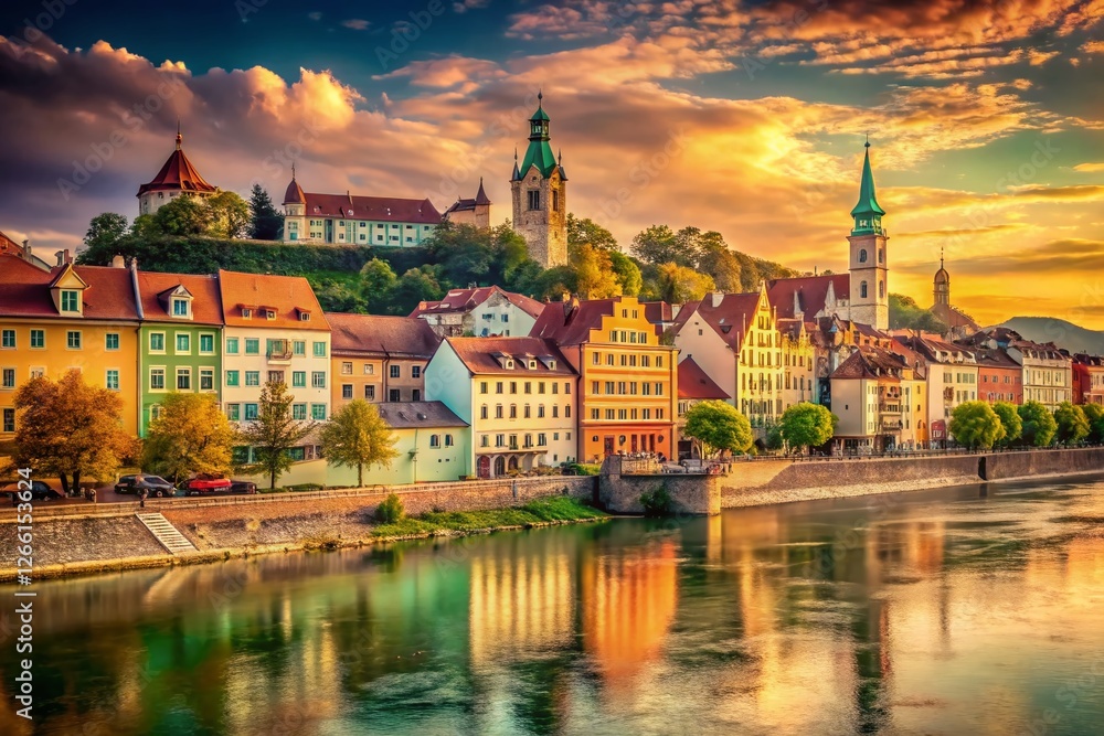 Fototapeta premium Vintage Danube River Scene: Charming Old Town & Scenic Waterscape