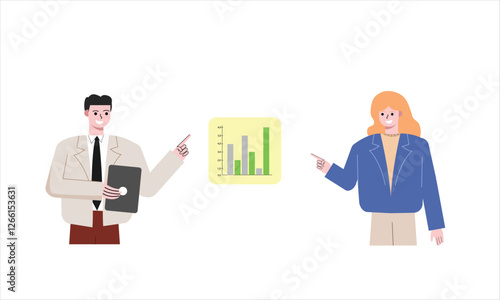 Businessman and woman presenting a company's growth through charts, graphs and analysis. Flat design vector illustration isolated on white background