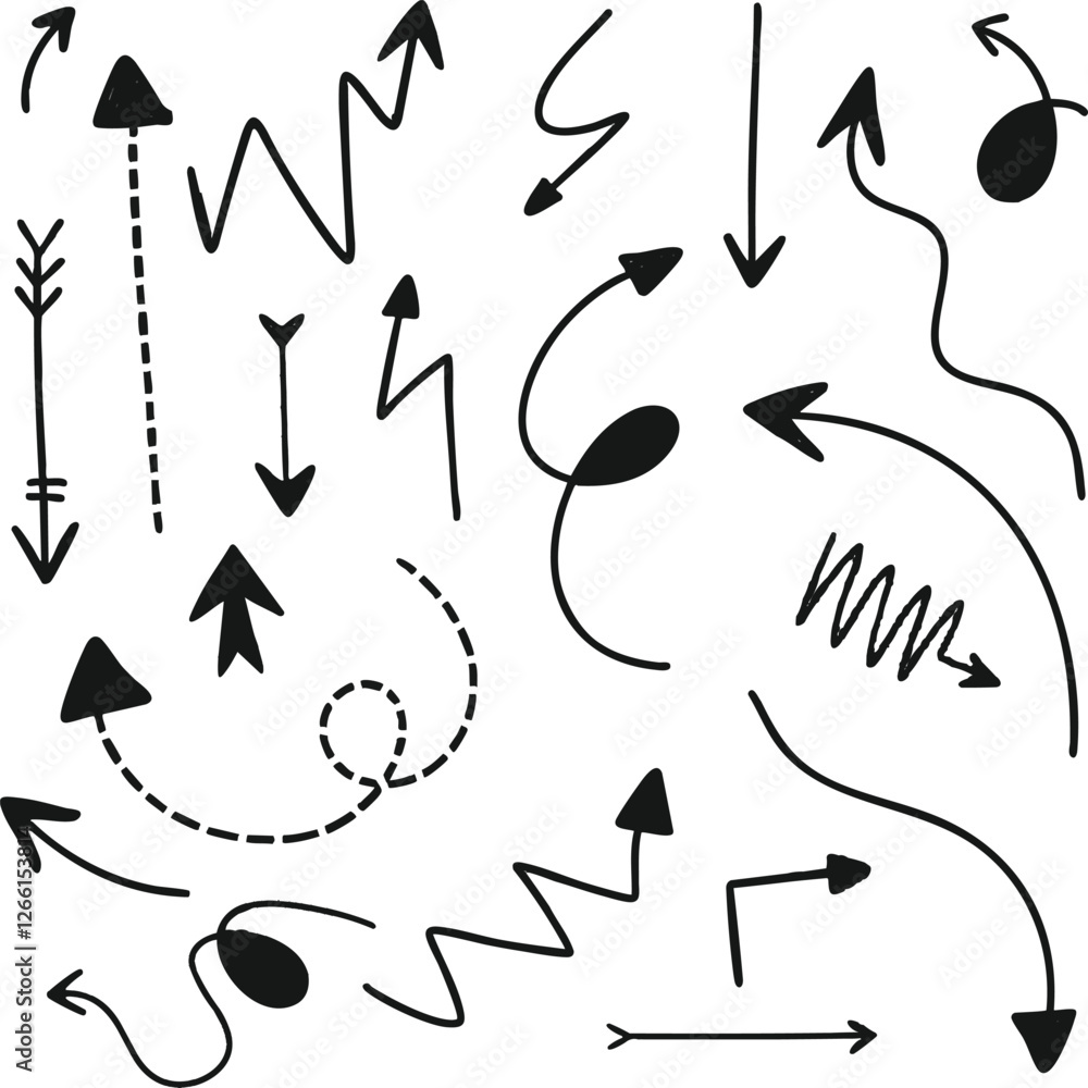 Fototapeta premium hand drawn black arrows set on white background. curved doodle sketch.