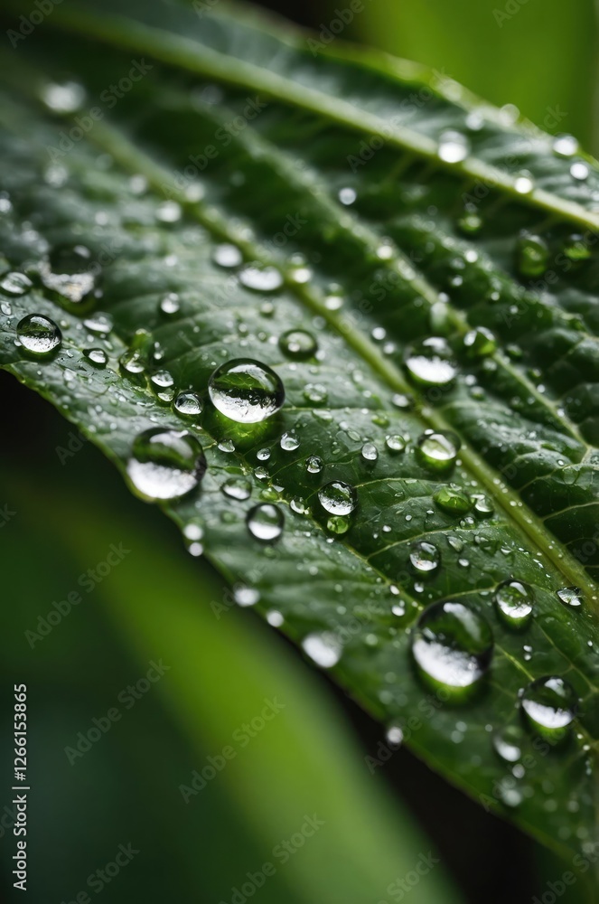 A close-up of a green leaf adorned with water droplets, showcasing natural beauty. A close-up of a green leaf adorned with water droplets, showcasing natural beauty.